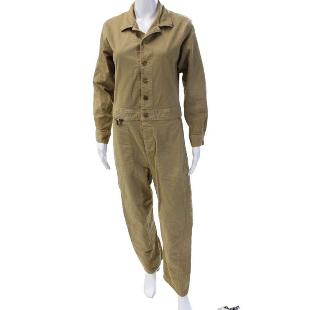 The Only Jane Women Coverall Jumpsuit Long Sleeve Collared Beige Size 6